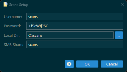 Scans setup window with account, folder, and share settings